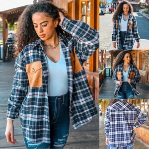 Long Sleeve Suede Pocket Plaid Shacket